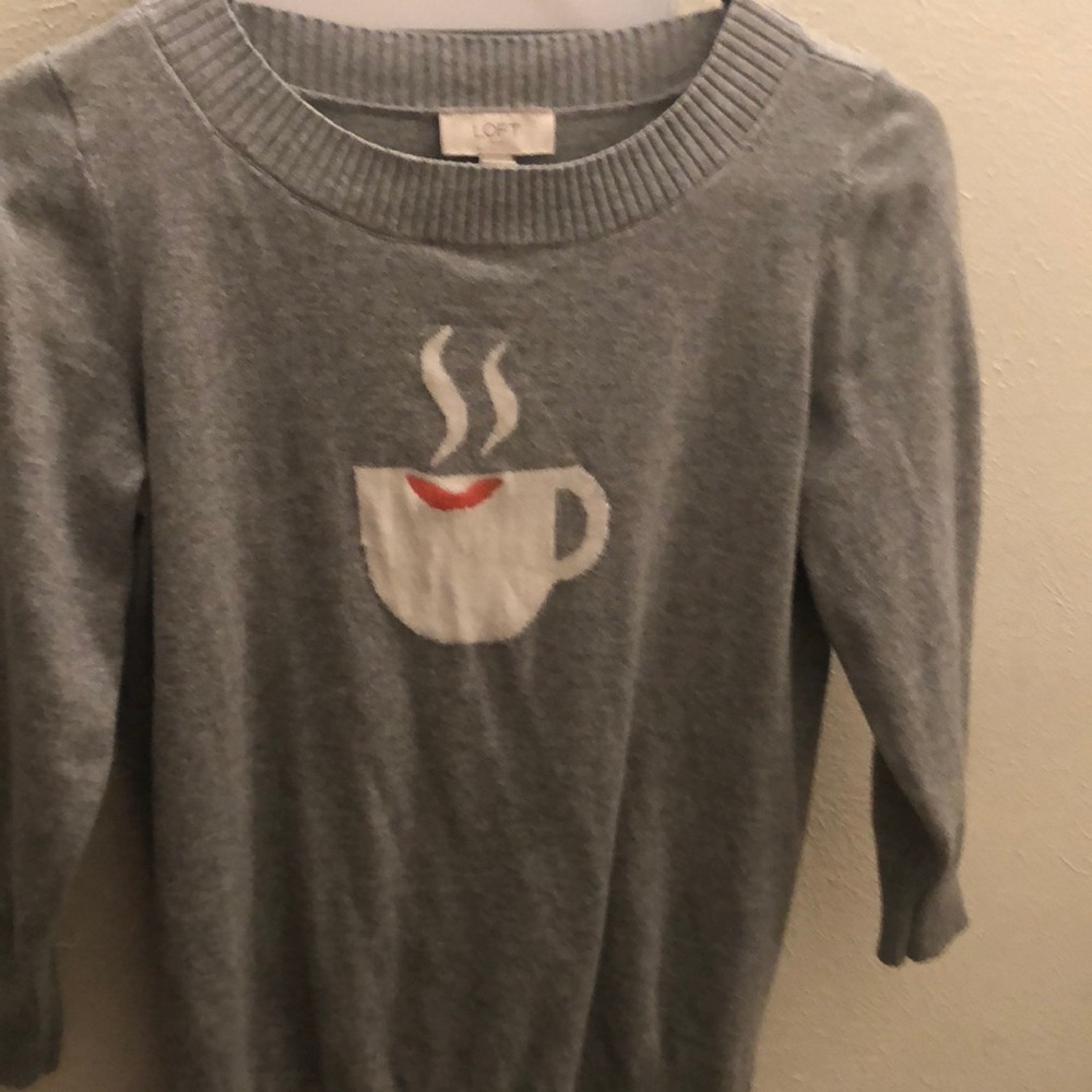 LOFT Heather Gray Sweater with Coffee Motif